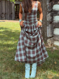 Plaid Ruched Drop-Waist Maxi Dress