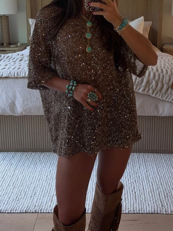 Bronze Sequin Tunic Mini Dress