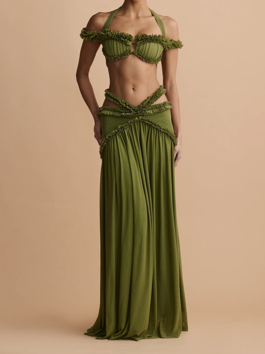 Olive Green Halter Ruffle Two-Piece Set
