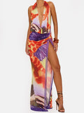 Abstract Butterfly Print Halter Maxi Dress