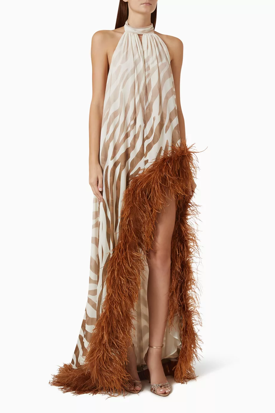 Zebra Print Feather Trim Halter Maxi Dress