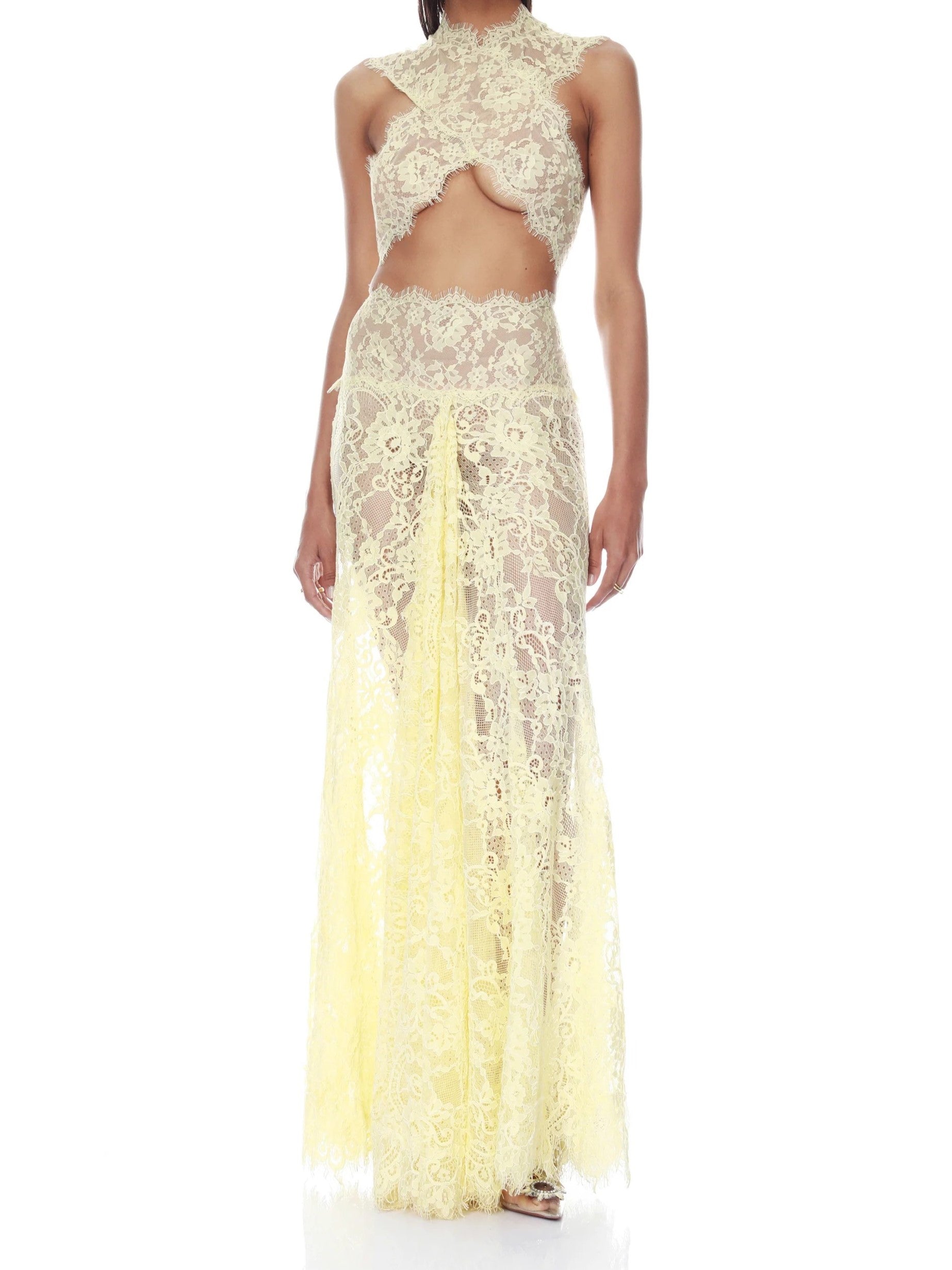 Pale Yellow Sheer Lace Cutout Maxi Dress