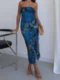 Blue Abstract Ruffle Strapless Midi Dress