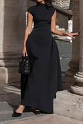 Black Cap Sleeve Draped Maxi Dress