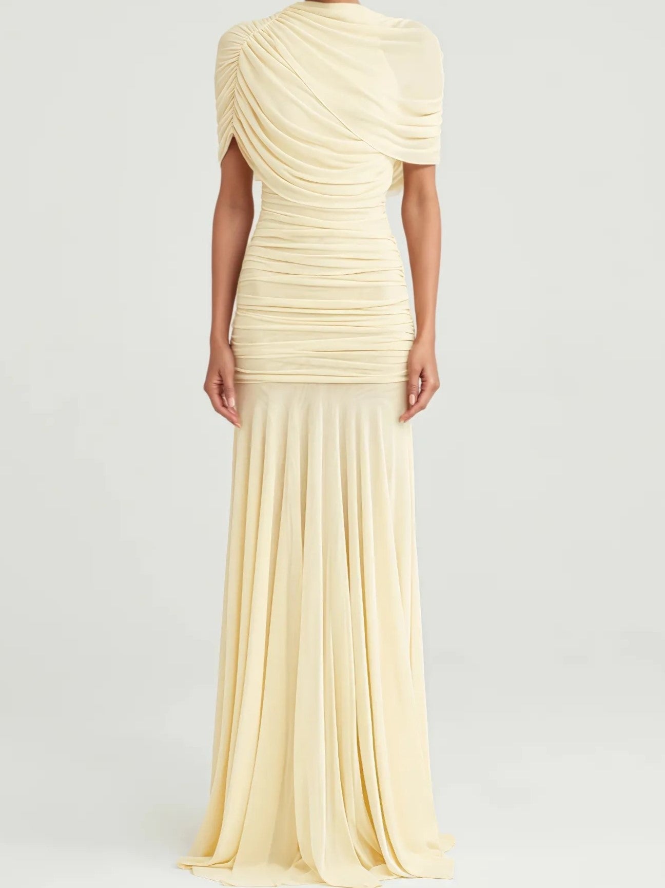 Butter Yellow Draped Pleated Maxi Dress
