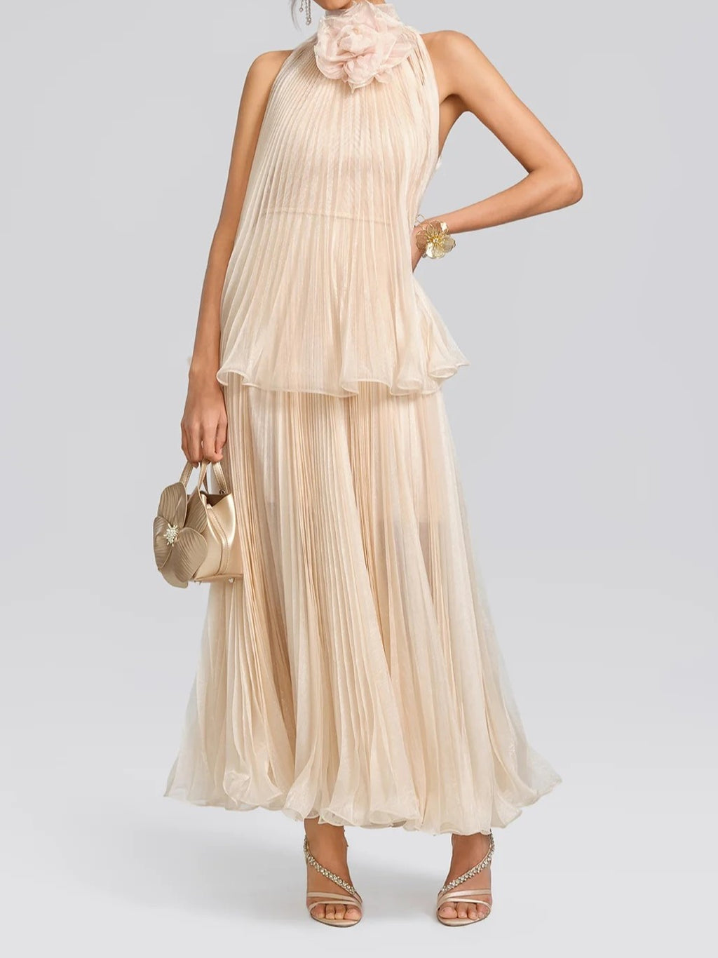 Beige Rosette Halter Maxi Dress