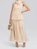 Beige Rosette Halter Maxi Dress