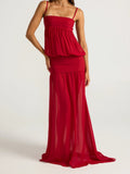 Red Strapless Ruffle Maxi Dress
