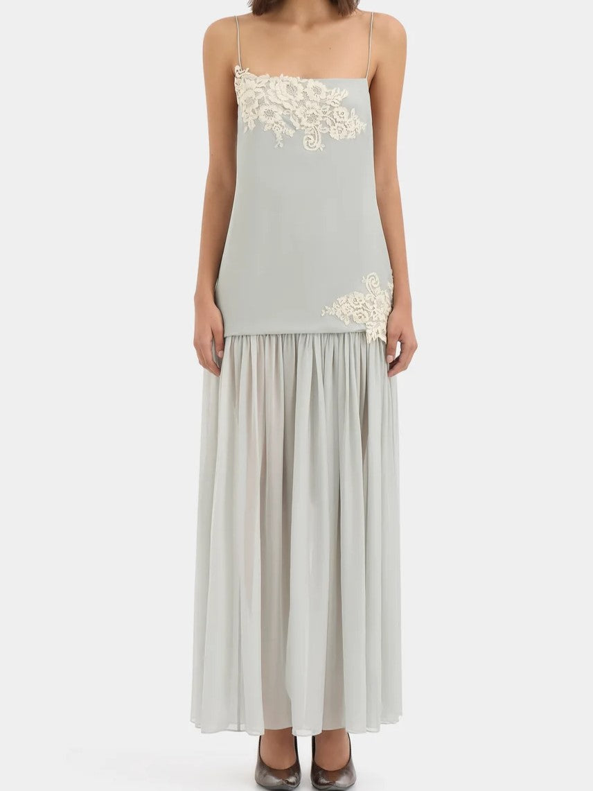 Grey Satin Lace Detail Midi Dress