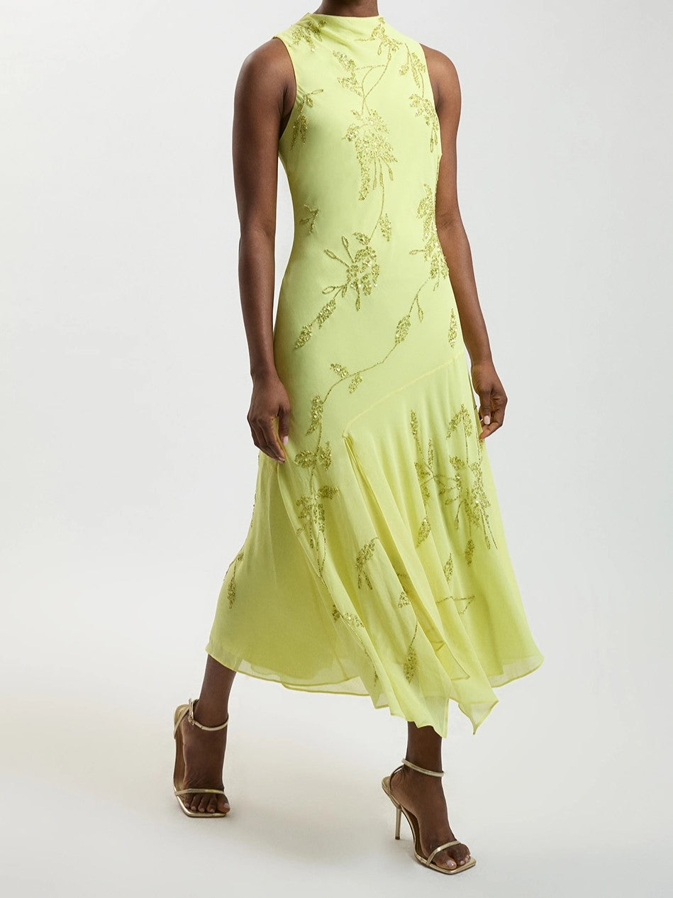 Lime Green Embroidered Midi Dress