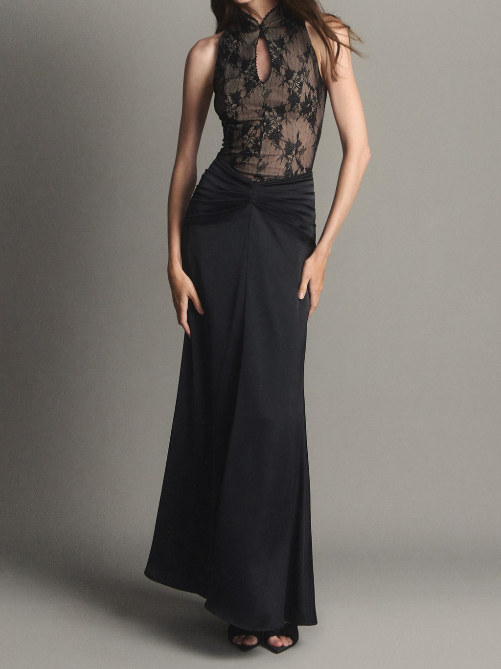 Black Sheer Lace Ruffle Maxi Dress