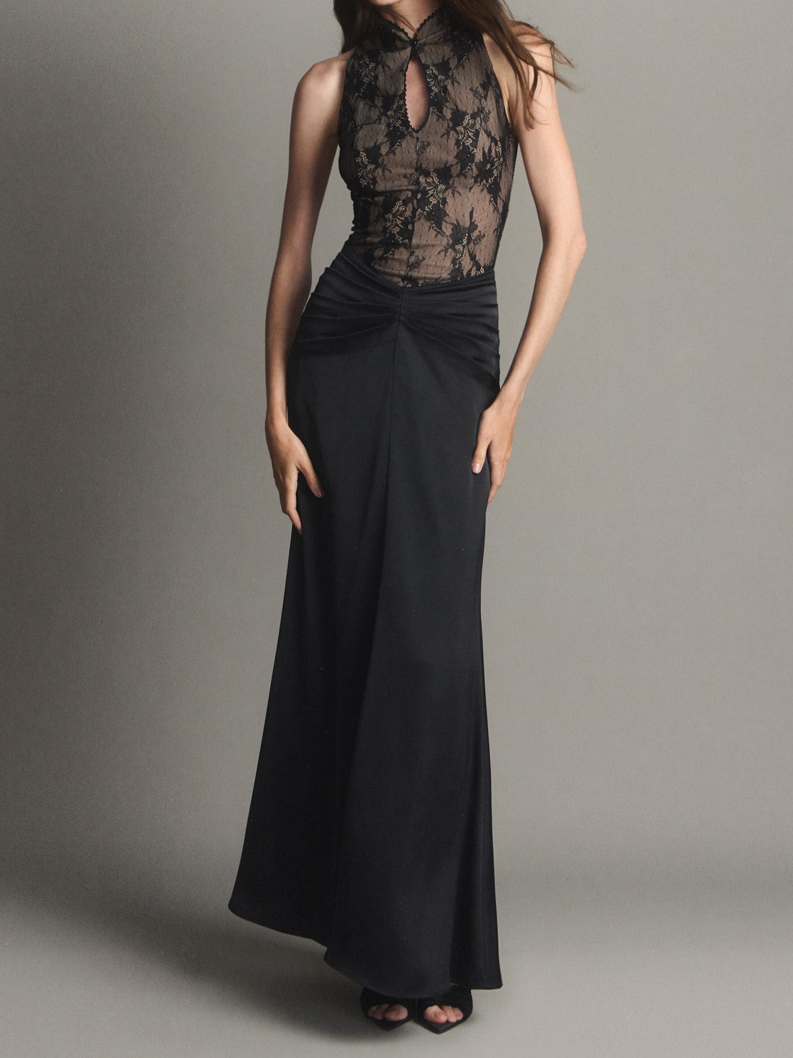Black Sheer Lace Ruffle Maxi Dress