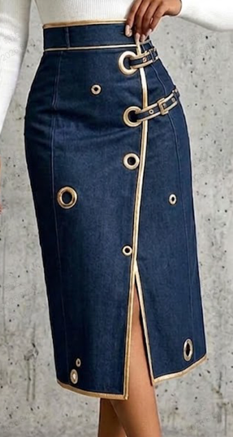 Denim Gold Grommet Midi Skirt