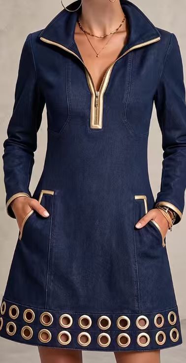 Navy Zip-Front Gold Ring Hem Mini Dress