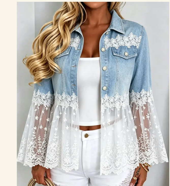 Light Blue Lace Trim Denim Jacket