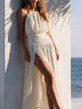 Cream Sequin High Slit Maxi Dress
