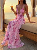 Pink Floral Ruffle Cutout Maxi Dress