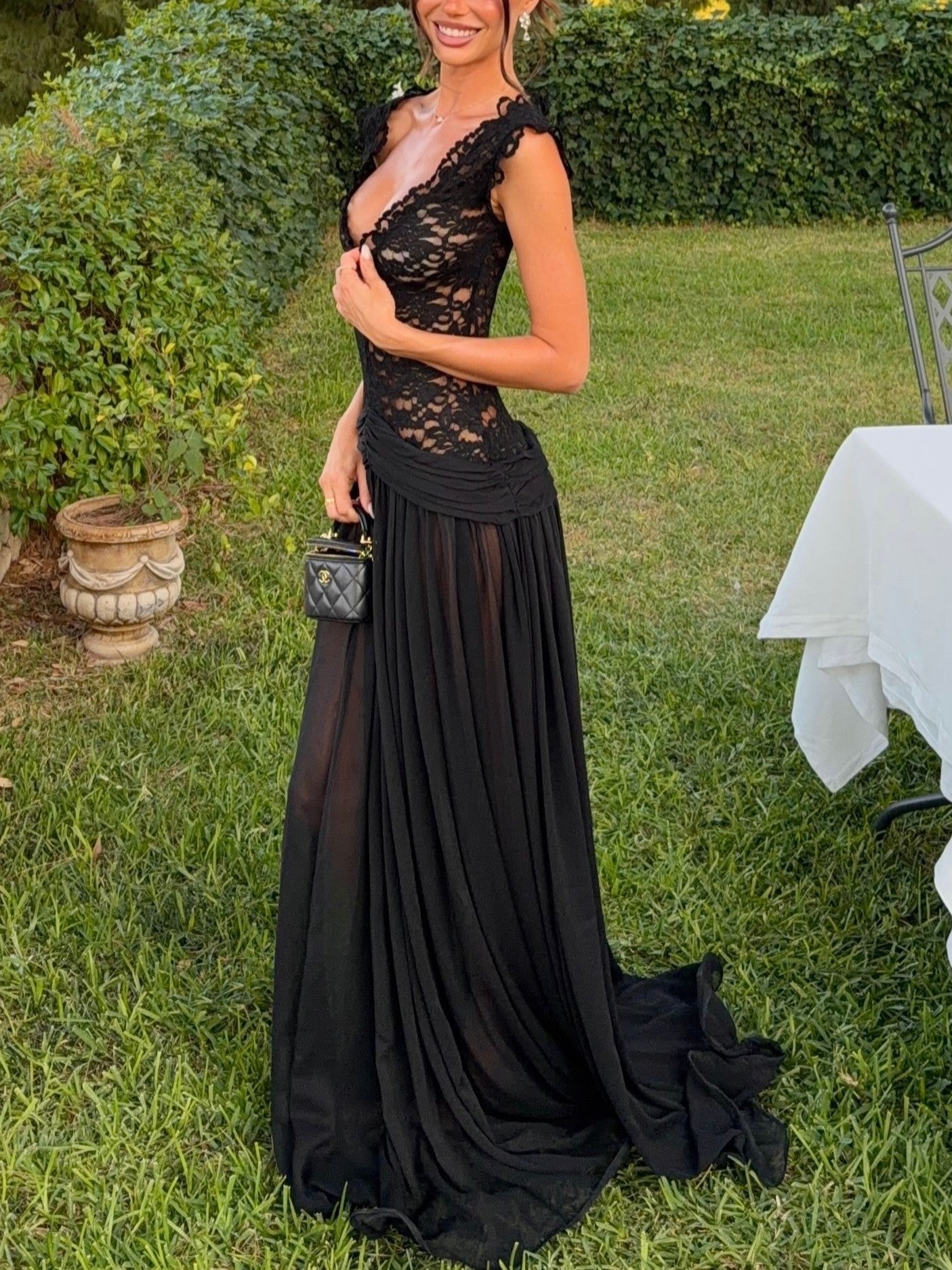 Black Lace Tulle Flowy Maxi Dress