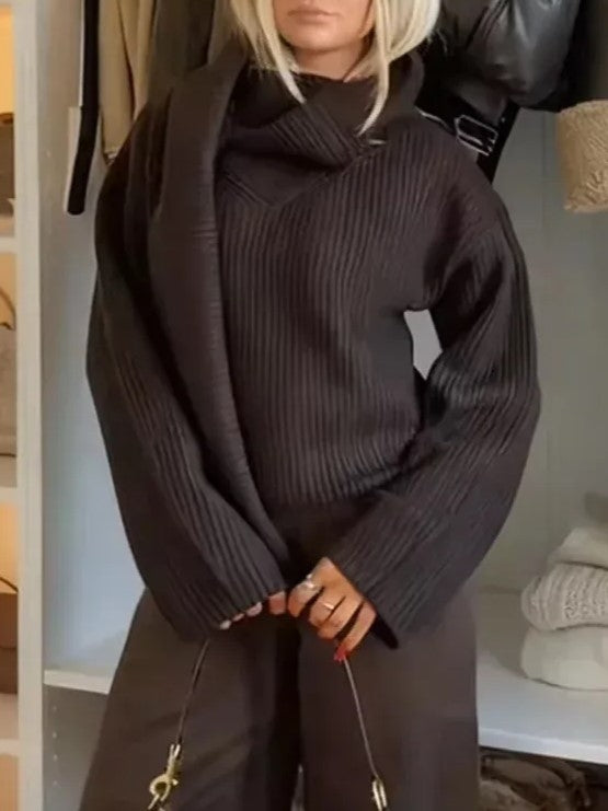 Dark Brown Ribbed Cowl Neck Sweater