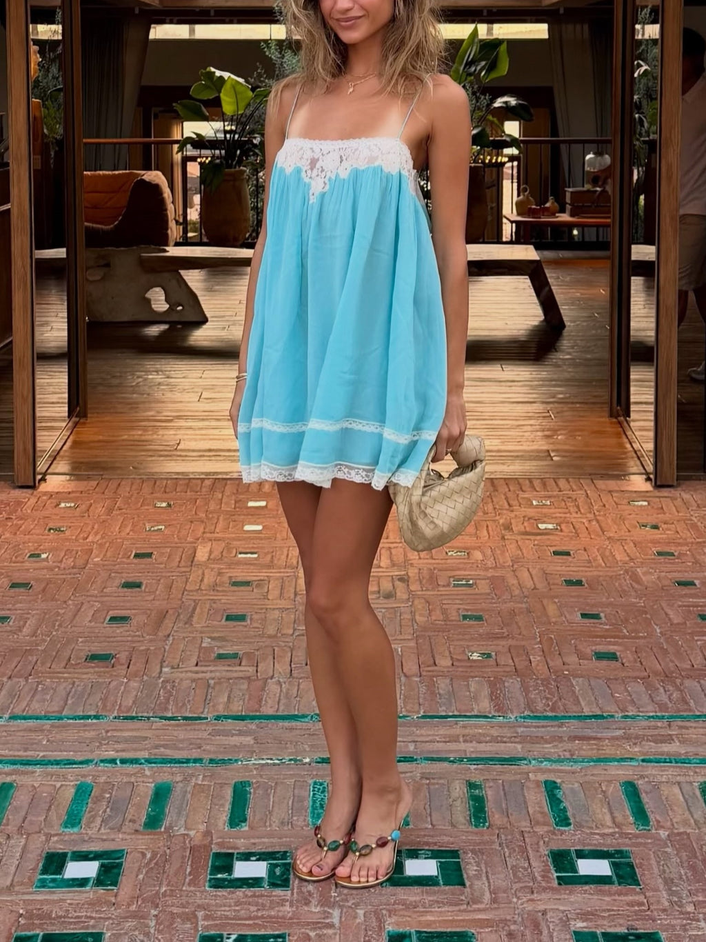 Blue Lace Trim Babydoll Mini Dress