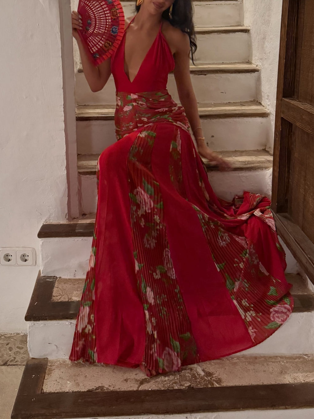 Red Floral Pleated Halter Maxi Dress