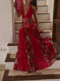 Red Floral Pleated Halter Maxi Dress