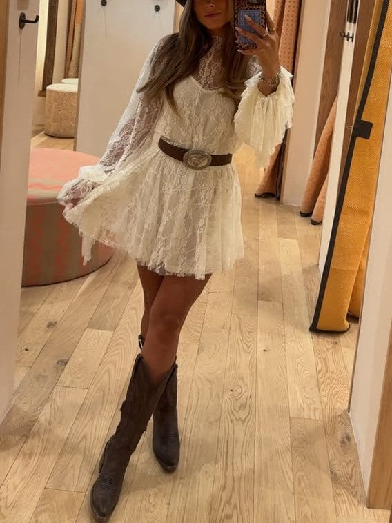 White Lace Long Sleeve Mini Dress