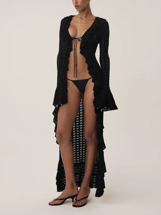 Black Crochet Ruffle Cardigan Dress