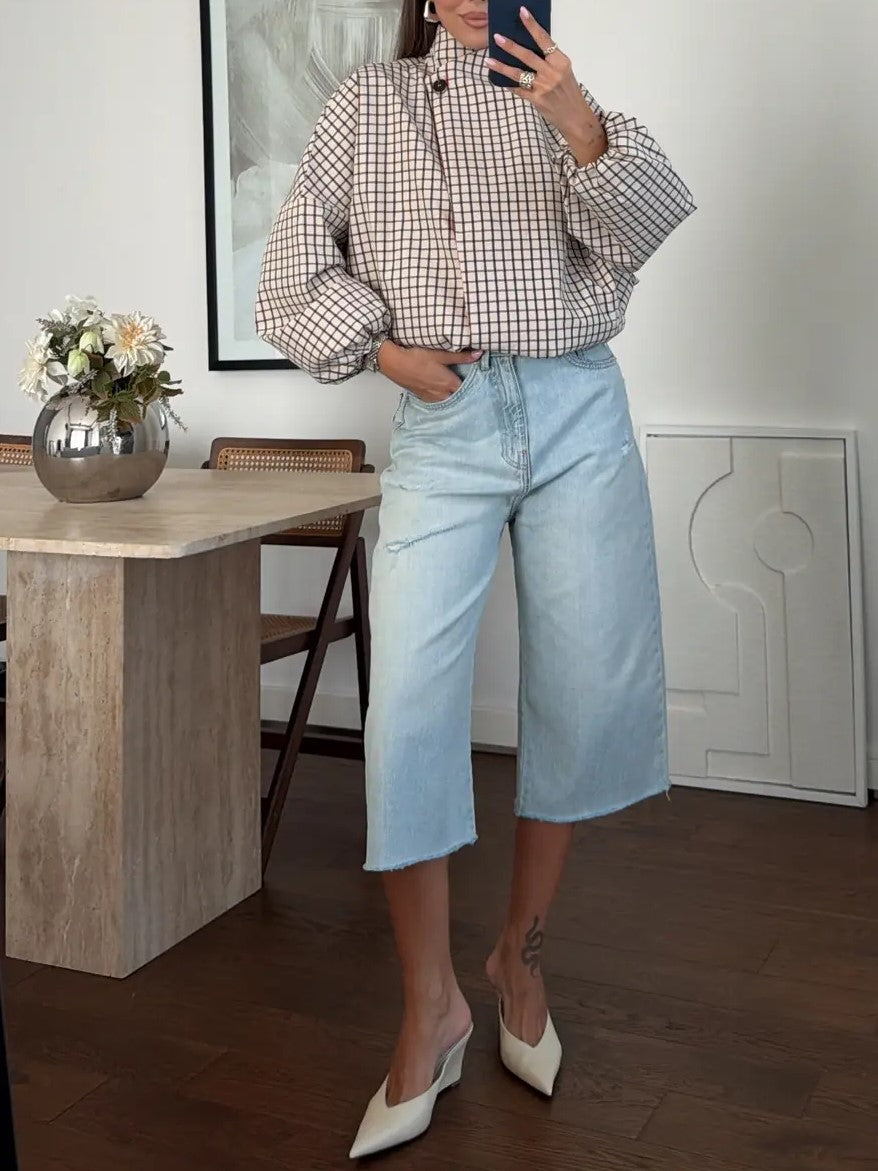 Beige Plaid High Neck Blouse
