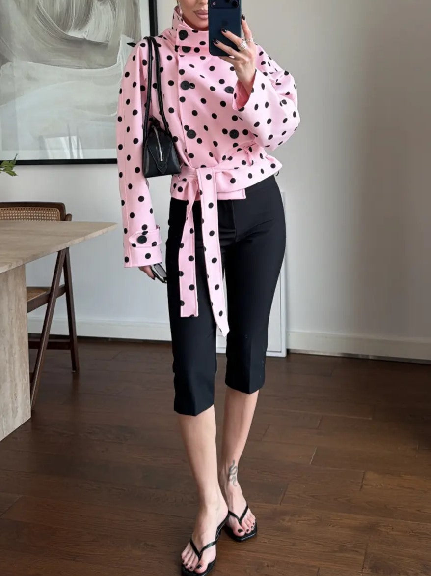 Pink Polka Dot Tie Waist Blouse