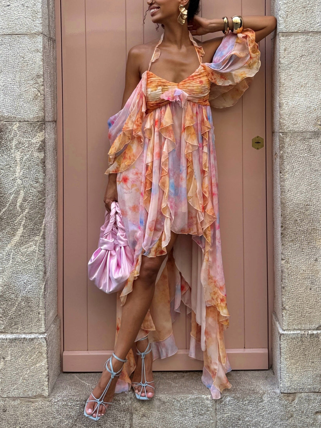Orange Pink Tie Dye Ruffle Maxi Dress