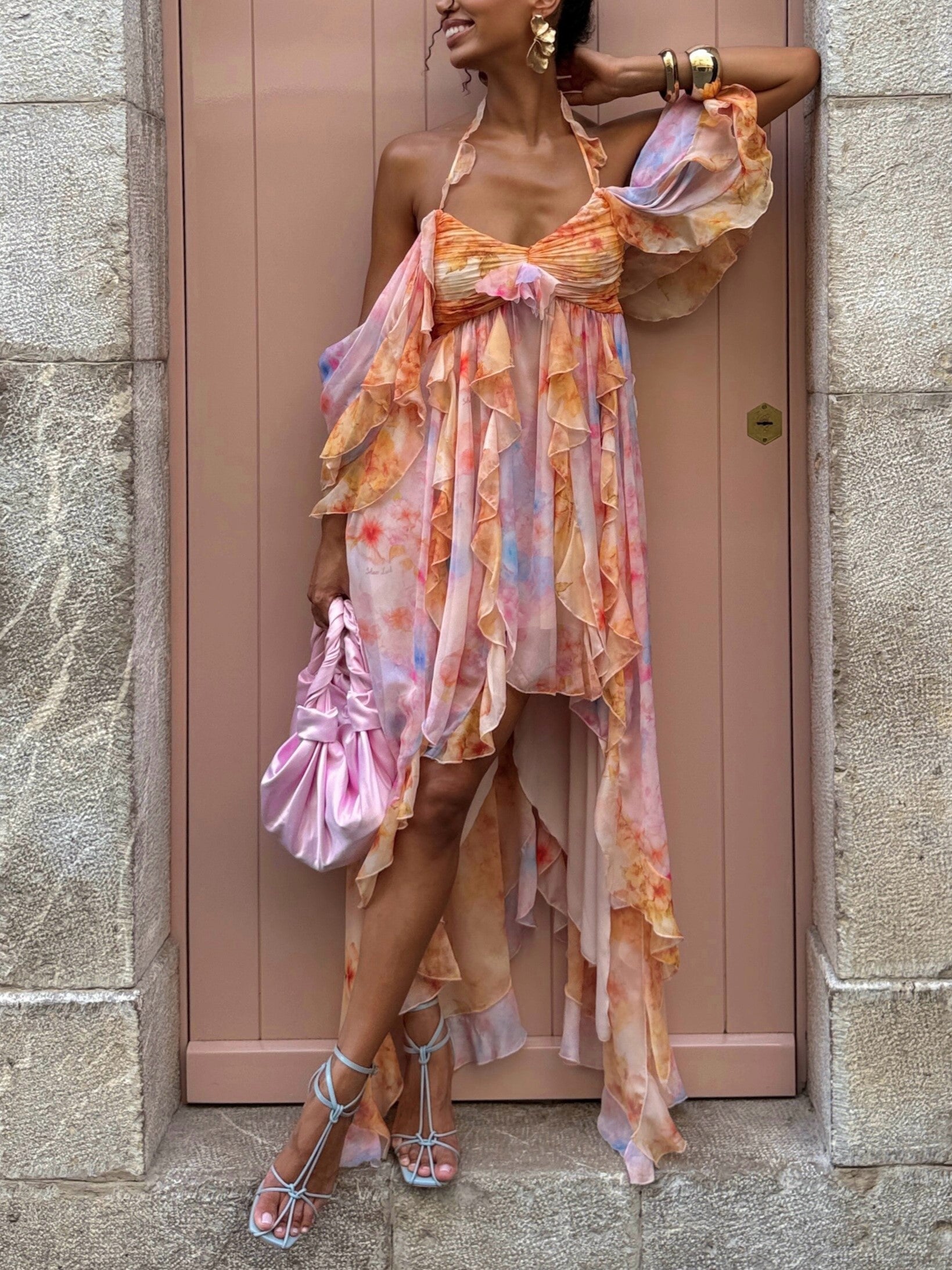 Orange Pink Tie Dye Ruffle Maxi Dress