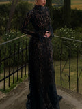 Black Floral Lace High Neck Maxi Dress