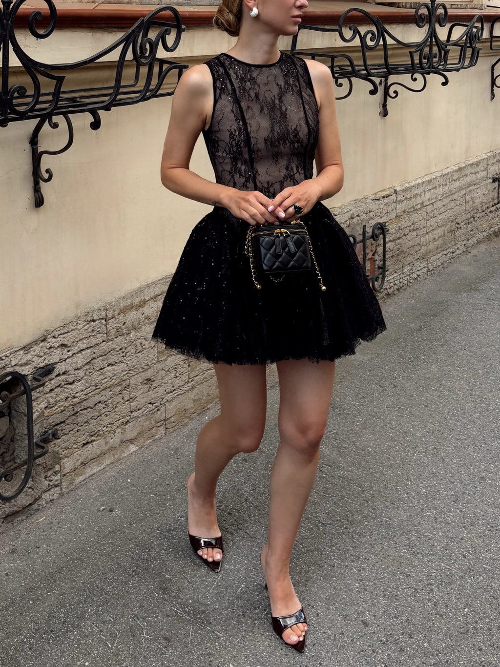 Black Lace Tulle Flared Mini Dress