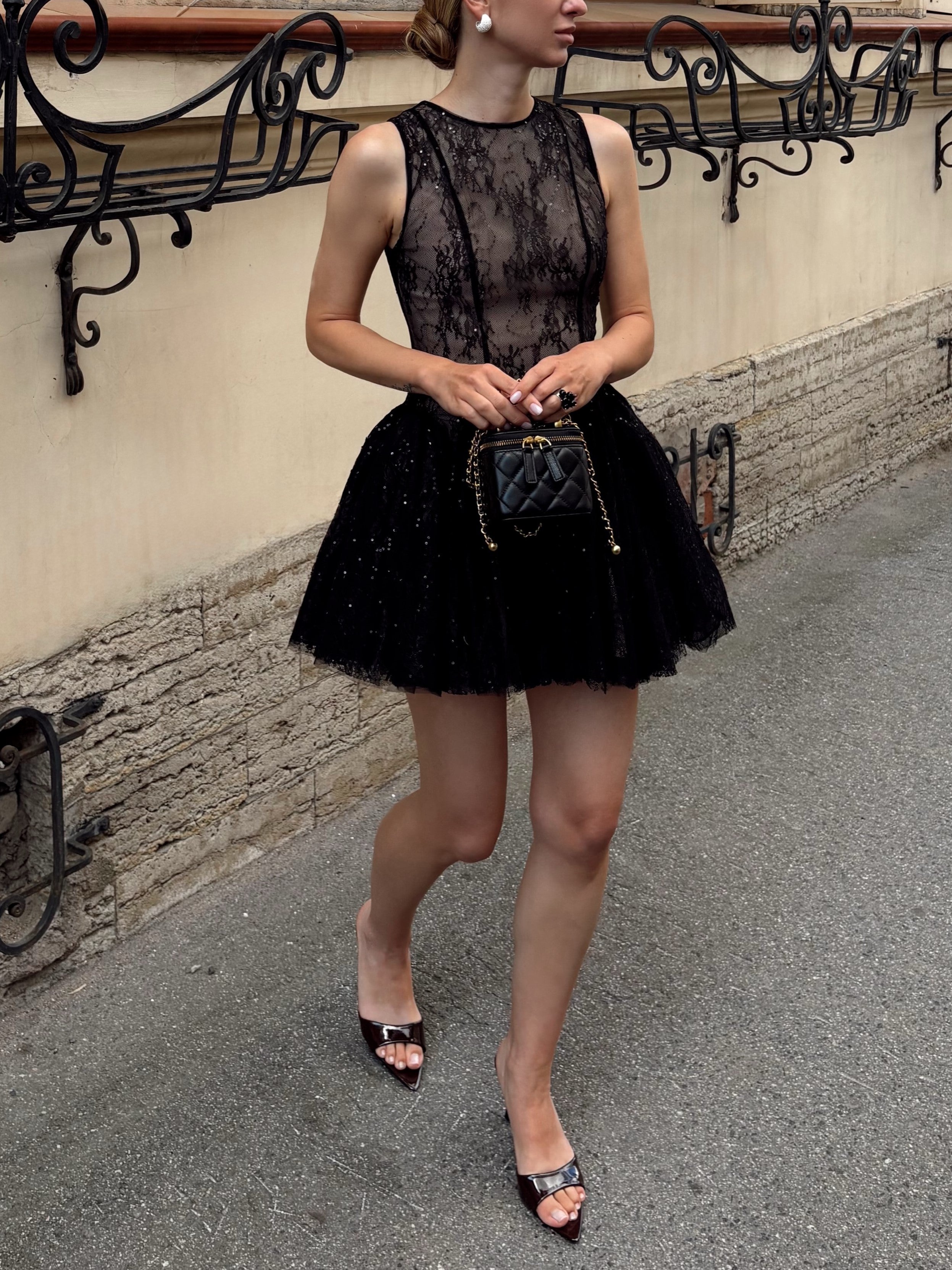 Black Lace Tulle Flared Mini Dress