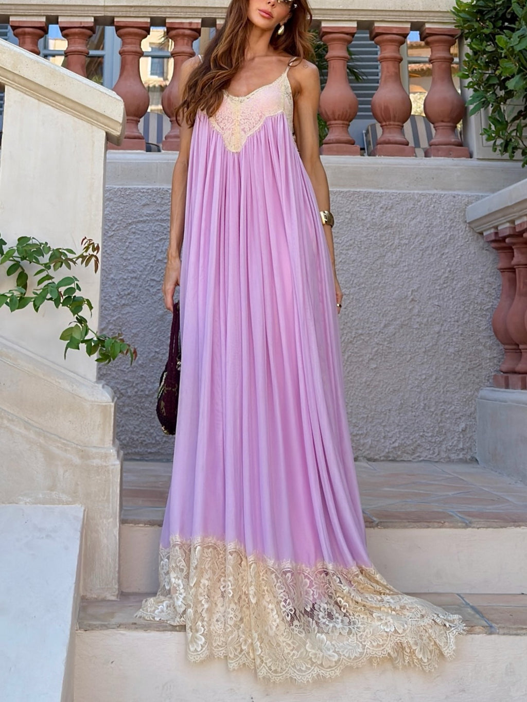 Lavender Lace Hem Satin Maxi Dress