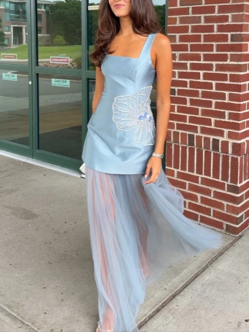 Light Blue Pearl Flower Detail Tulle Maxi Dress