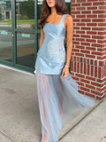 Light Blue Pearl Flower Detail Tulle Maxi Dress