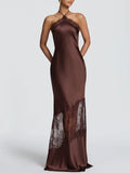 Dark Brown Satin Halter Neck Lace Trim Maxi Dress