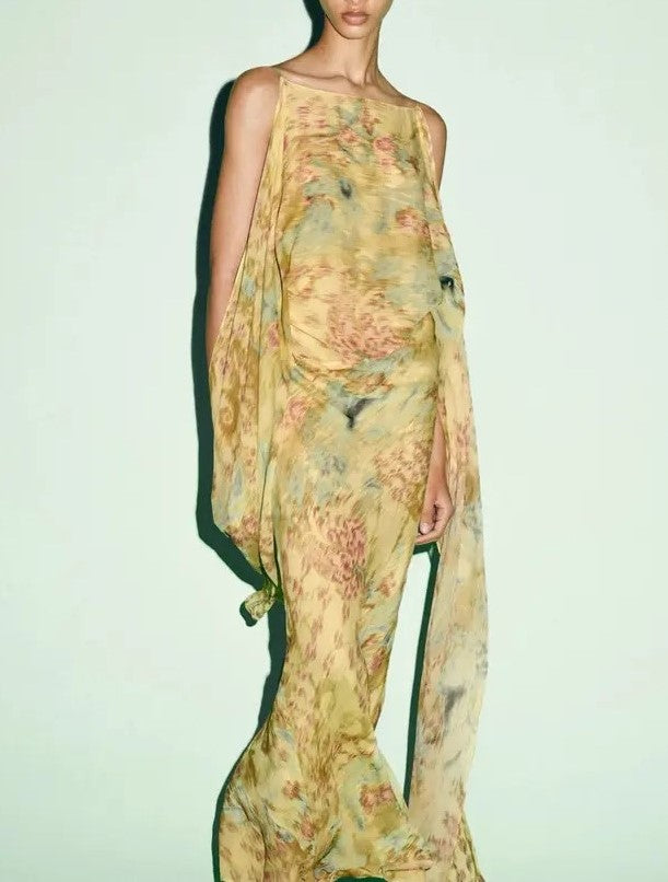 Yellow Abstract Floral Sheer Draped Maxi Dress