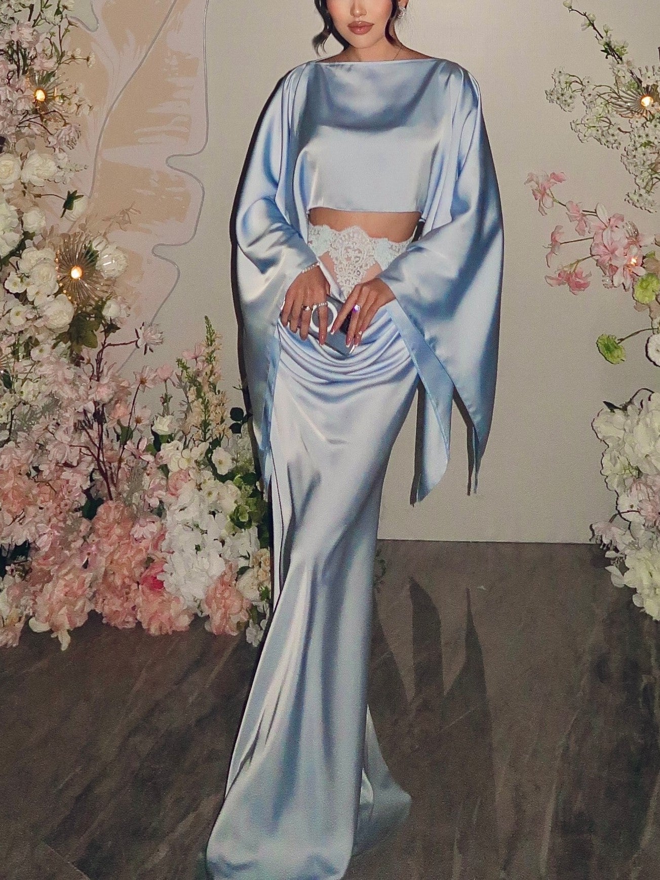 Light Blue Satin Draped Two-Piece Mermaid Set