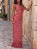 Pink Coral Sheer Fringe V-Neck Maxi Dress