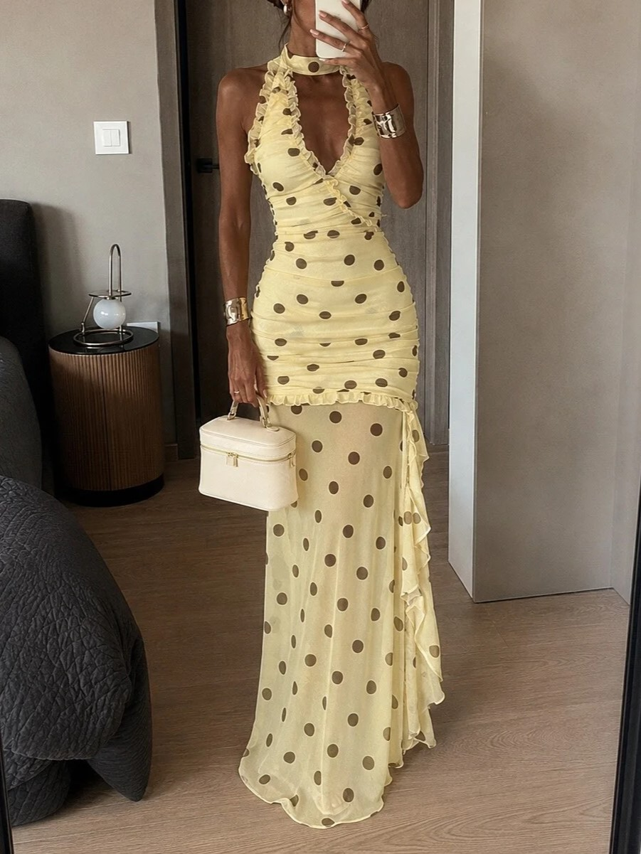 Yellow Polka Dot Halter Ruffle Maxi Dress