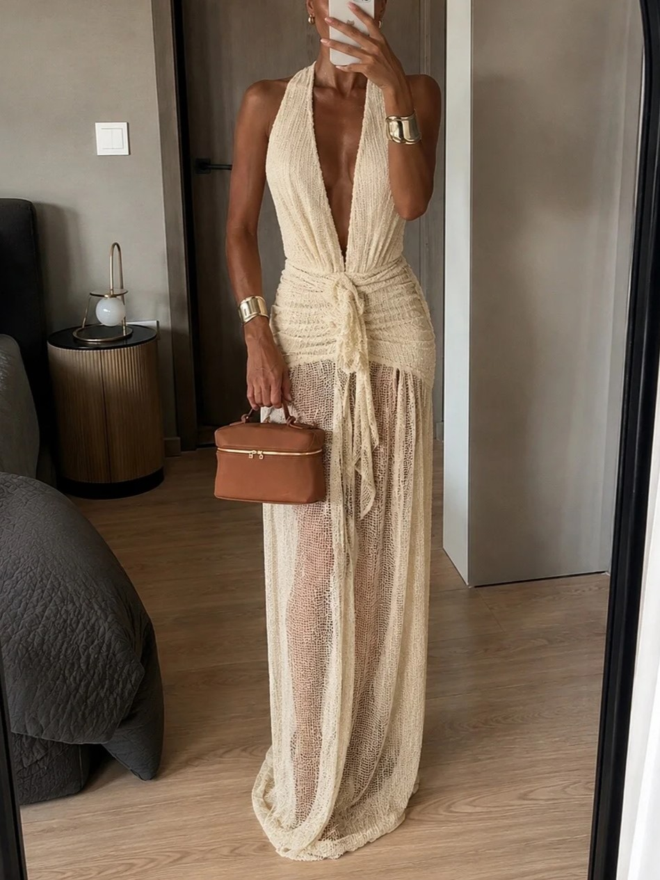 Cream Crochet Halter Tie Midi Dress