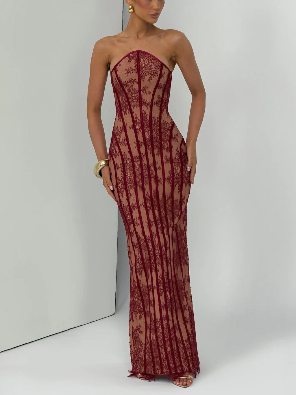 Sheer Lace Corset Maxi Dress