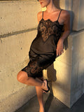 Black Satin Lace Trim Midi Dress