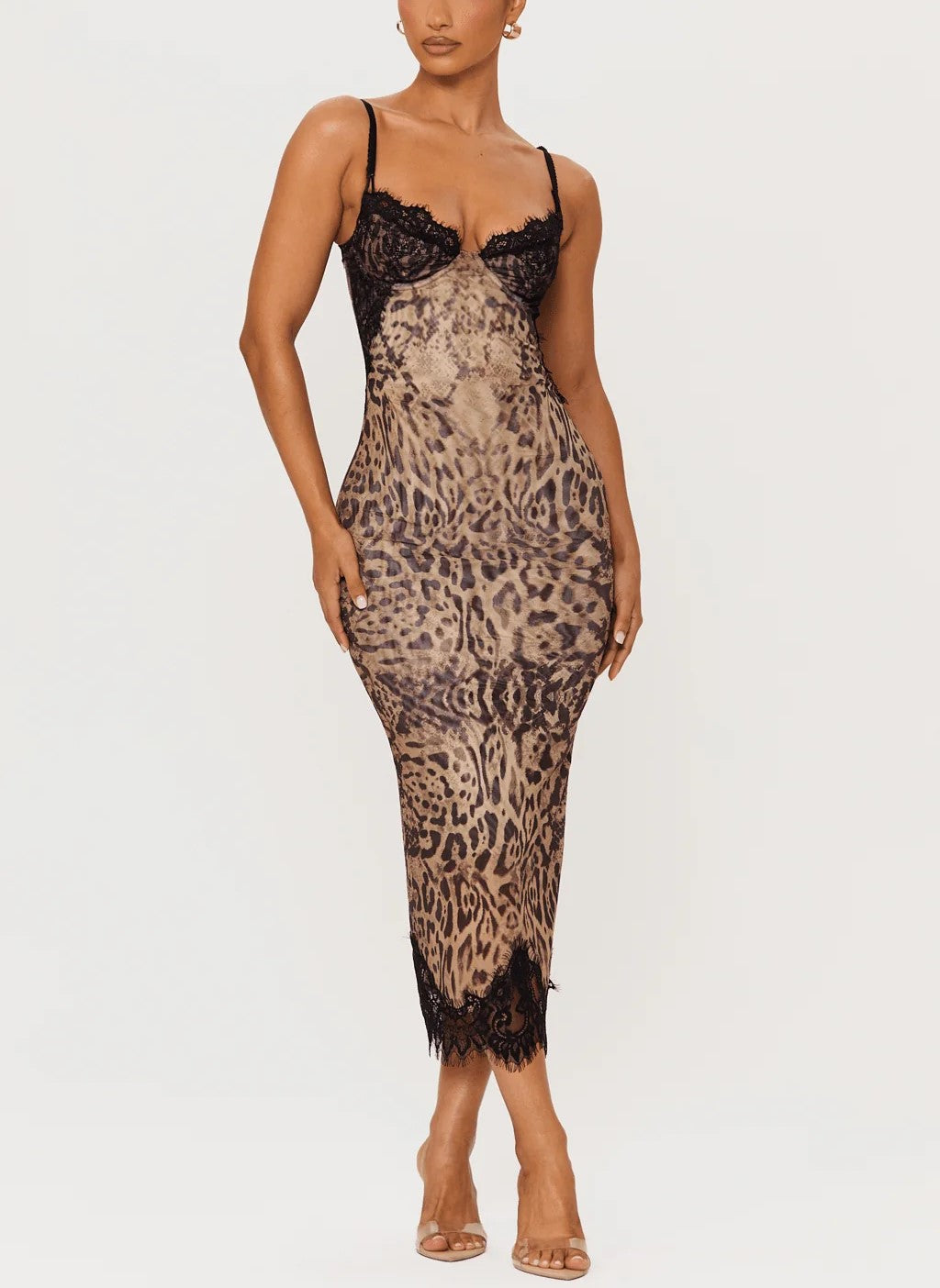 Leopard Print Lace Trim Midi Dress