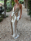 Champagne Metallic Halter Maxi Dress