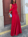 Red Chiffon Draped Maxi Dress