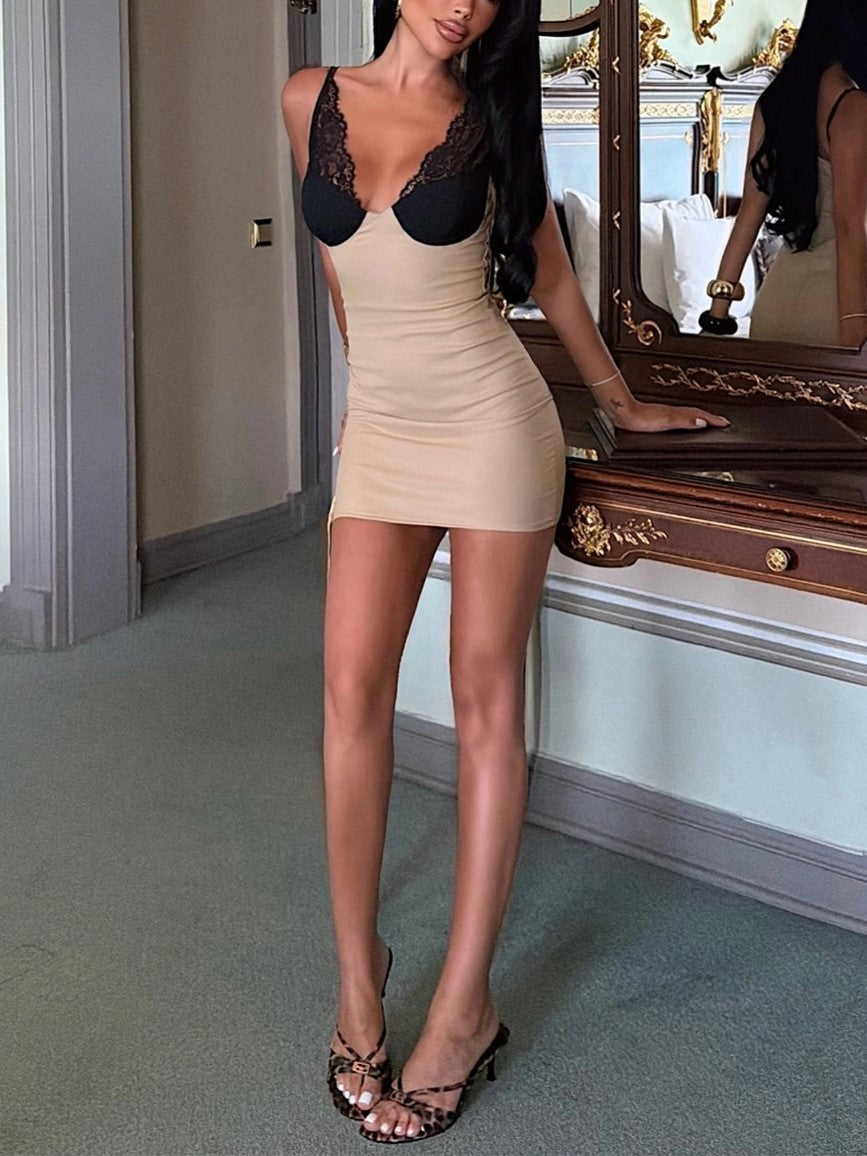 Beige Lace Trim Mini Dress